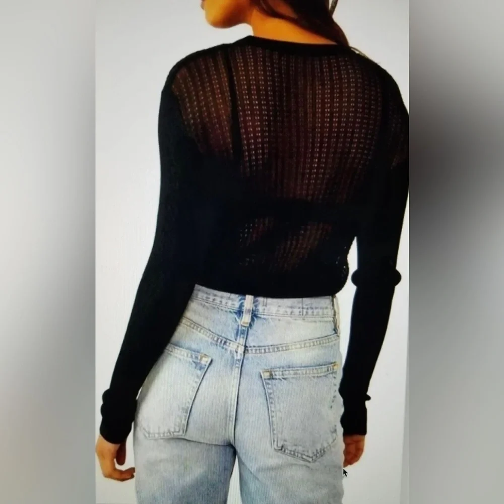 NWT Free People H2O Crew Pullover Open Weave Knit Crop Top Black Size S